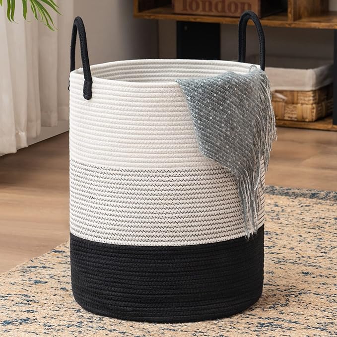 Woven Rope Laundry Hamper Basket by YOUDENOVA, Tall Luandry Basket, Baby Nursery Hamper for Blanket Storage, Clothes Hamper for Laundry in Bedroom-Large-(Dark White, 58L)