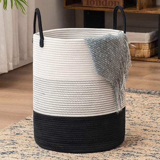 Woven Rope Laundry Hamper Basket by YOUDENOVA, Tall Luandry Basket, Baby Nursery Hamper for Blanket Storage, Clothes Hamper for Laundry in Bedroom-Large-(Dark White, 58L)