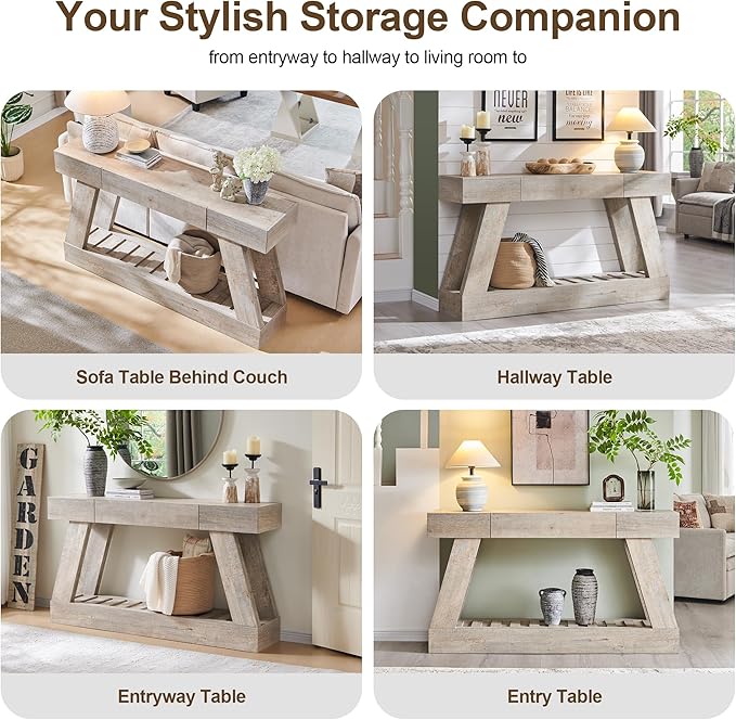 60" Farmhouse Entryway Table with Drawer, Wooden Hallway Foyer Table with Heavy Duty Base(Light Rustic Oak)