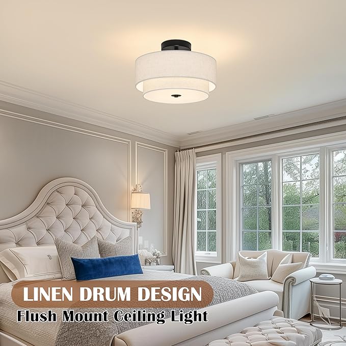 2 Light Semi Flush Mount Ceiling Light Fixture 12.6 Inch Modern Black Drum Ceiling Light Fixture with 2-Layer Fabric Shade Dimmable Close to Ceiling Light for Living Room Hallway Bedroom Entryway