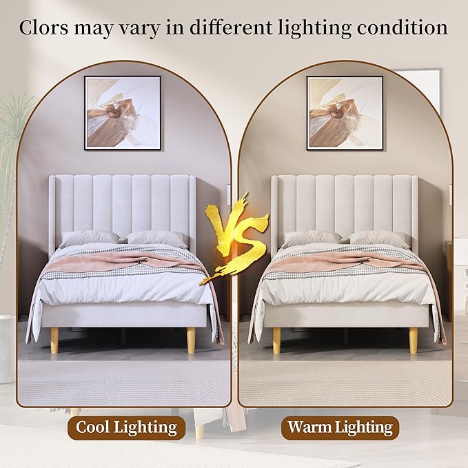 Twin Size Upholstered Platform Bed Frame with Modern Wingback & Vertical Panel Headboard, Velvet Fabric, Wooden Legs & Slats Support, No Box Spring Needed, Noise-Free & Easy Assembly, Cream