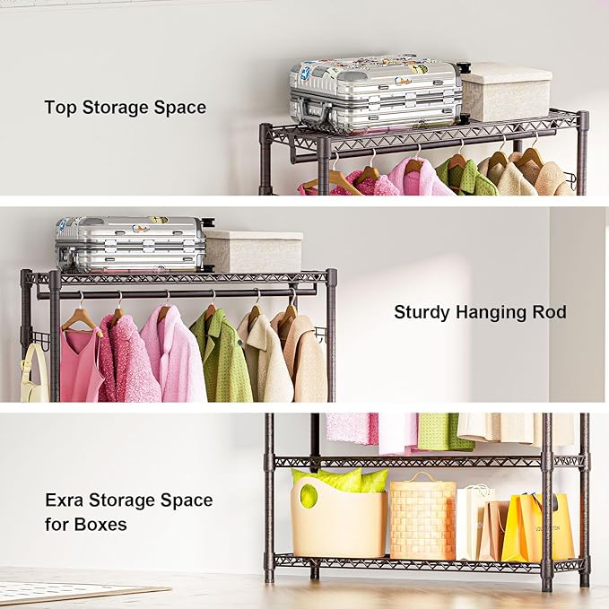 Heavy Duty Rolling Garment Rack 3 Tiers Adjustable Wire Shelving Clothes Rack with 1 Rods and Side Hooks,Storage Closet Clothing Rack Grey 15.7" D x 45.3" W x 72.4" H