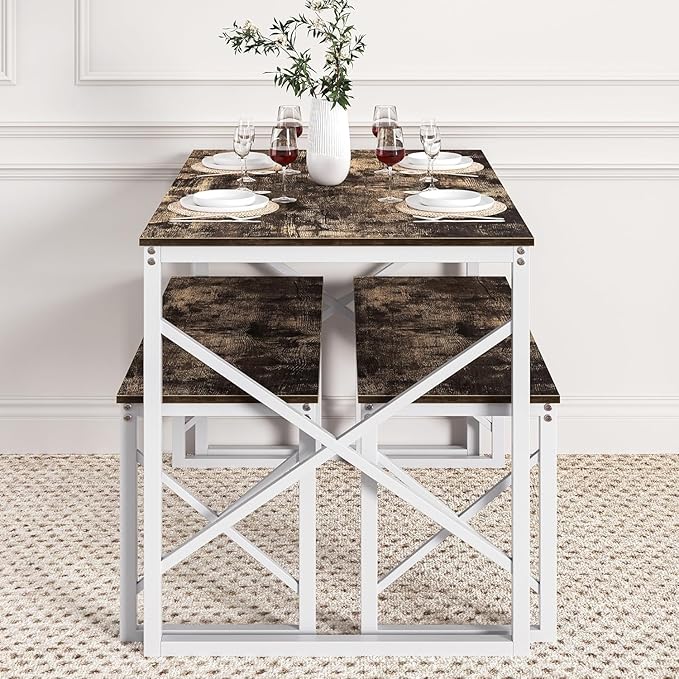 VECELO Kitchen Dining Table Benches Set for 4, 43.3" Wooden Dinette with 2 Benches, Heavy-Duty Dining Room Table for Small Space, Breakfast Nook, Dark Brown