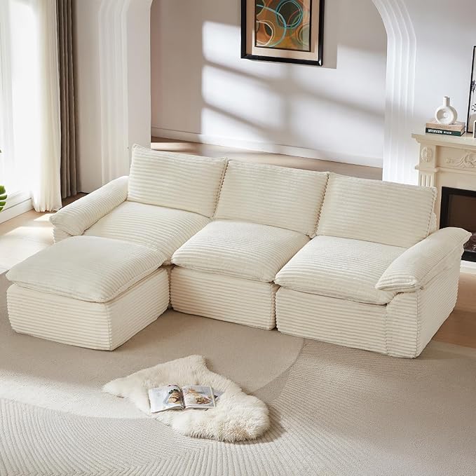 111" Cloud Sectional Couch with L-Shaped Chaise, Corduroy Sectional Sofa with Ottoman, Boneless Couch with Deep Seat in a Box for Living Room, No Assembly Required (White)