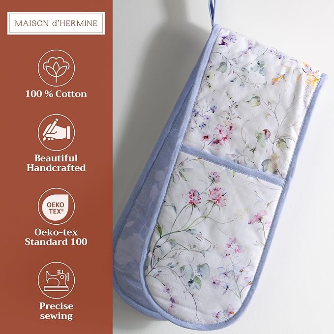 Maison d' Hermine Double Oven Mitts 100% Cotton 7"x35" Double Oven Mitt Heat Resistant BBQ Cooking Gloves with Loop, Baking, Grilling, Home, Kitchen, Handling Hot Pans Spring Summer (Summer Floral)