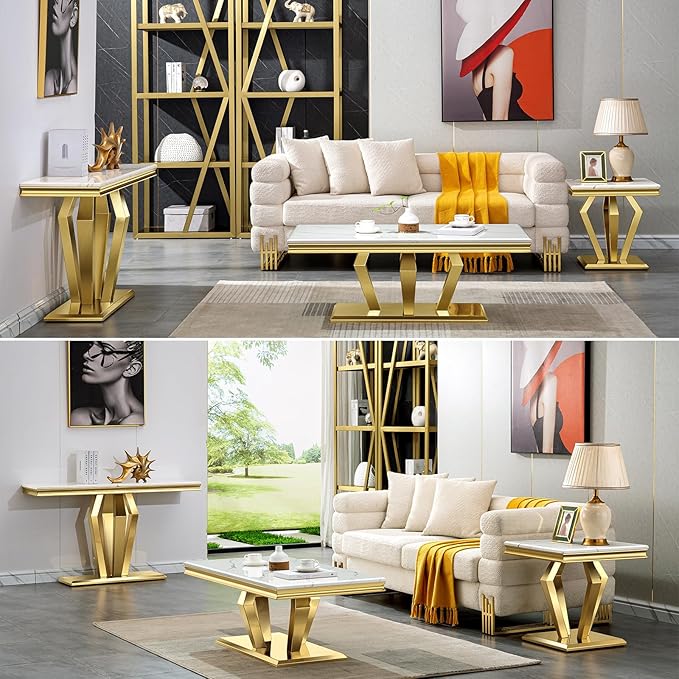Gold Console Table, White and Gold Sofa Table, 50-inch Entryway Table with Polished Geometric Base for Living Room, Hallway