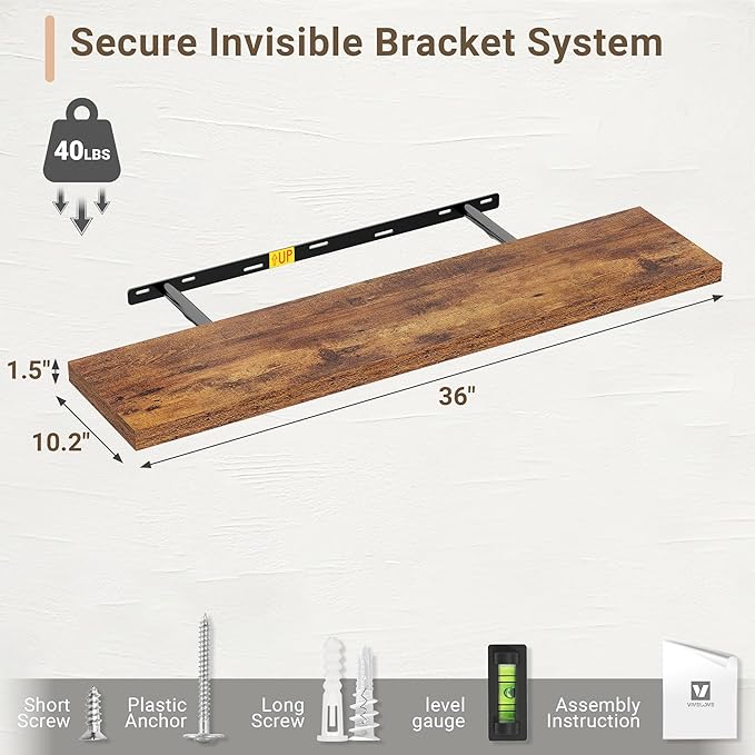 Vivelove 10 Inch Deep Floating Shelves 36 inch Long, 36 x 10 Wide Wall Shelves with Invisible Brackets, for Bedroom Bathroom Living Room Kitchen Office, Farmhouse Home Decor, Set of 2, Rustic Brown