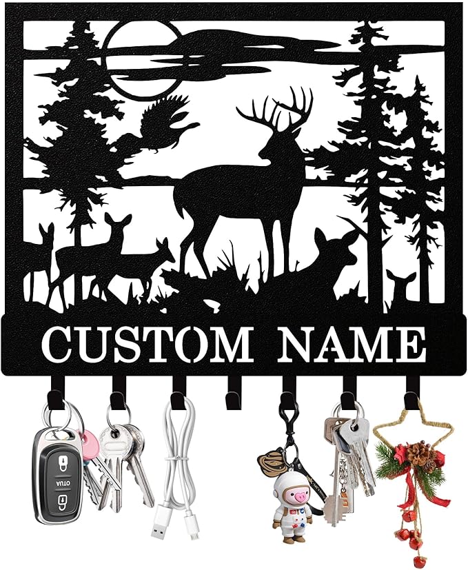 Personalized Deer Forest Key Holder Wall Mount, Custom Metal Keys Hanger for Wall with Name, Custom Key Rack Holder with Hooks for Entryway, Front Door, Hallway, Living Room, Kitchen