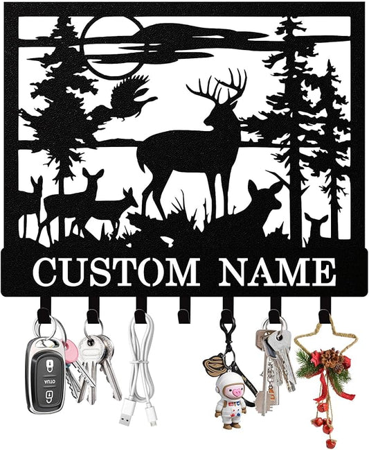 Personalized Deer Forest Key Holder Wall Mount, Custom Metal Keys Hanger for Wall with Name, Custom Key Rack Holder with Hooks for Entryway, Front Door, Hallway, Living Room, Kitchen