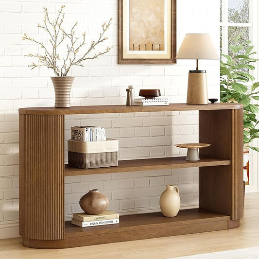 Modern Curved Console Table for Entryway, Farmhouse Solid Wood Fluted Sofa Table with Open Shelf & Elegant Wood Grain, Oval Long Foyer Table for Entry Way Hallway Living Room-58.9" Brown