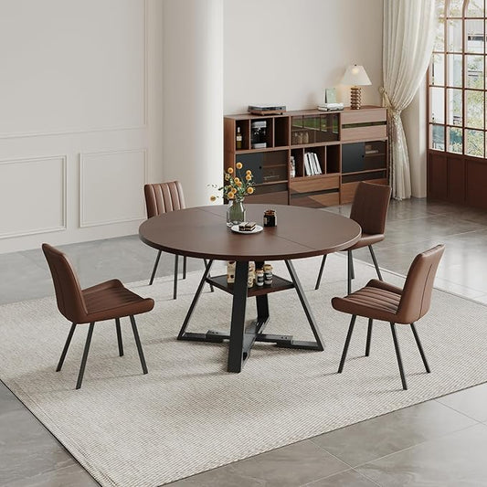 Walnut Round Dining Table Set for 4, Mid-Century Modern Kitchen Table and Chairs, Small Space Dining Room Furniture for Apartment, Breakfast Nook or Studio (Walnut wood-Storage Table+4 Brown Chairs)