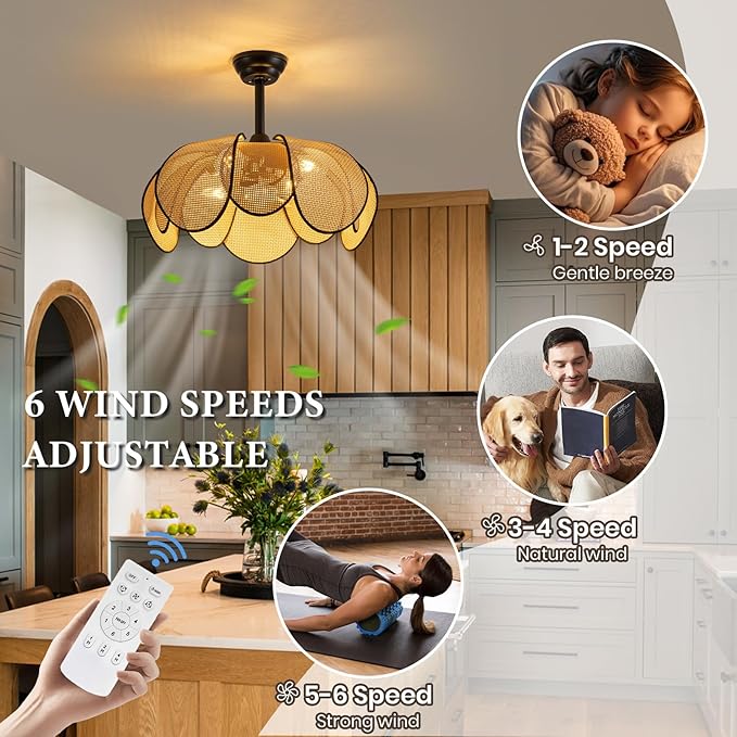 Rattan Fandelier Ceiling Fans with Lights,Boho Black Chandelier Ceiling Fan with Light Remote,Flush Mount Chandelier Ceiling Fan with 6 Speeds Fandelier for Bedroom, Living Room,Kitchen,26inch