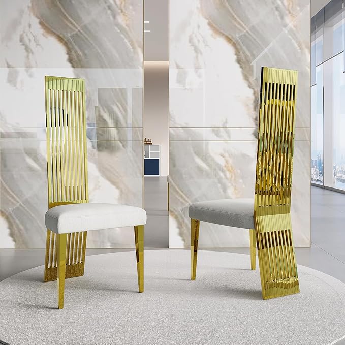 Modern Glod Dining Chairs Set of 2, Upholstered High Back Dining Chairs with Polished Stainless Steel Backrest and Legs, Luxury Dining Room Chairs for Kitchen Living Room Restaurant