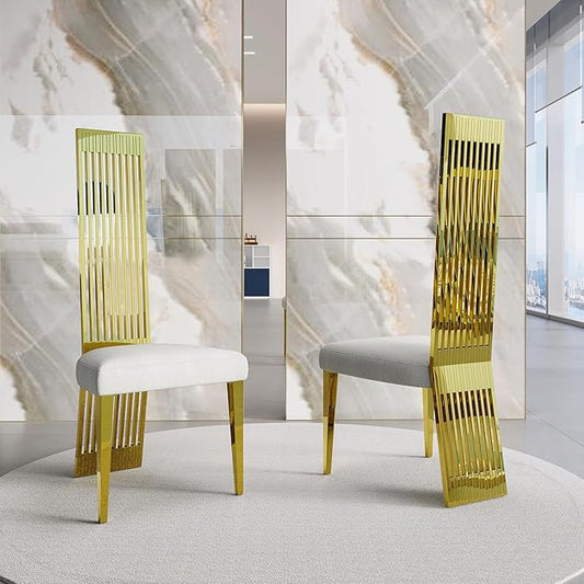 Modern Glod Dining Chairs Set of 2, Upholstered High Back Dining Chairs with Polished Stainless Steel Backrest and Legs, Luxury Dining Room Chairs for Kitchen Living Room Restaurant