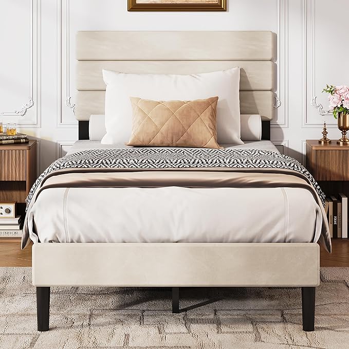 WLIVE Twin Size Upholstered Bed Frame, Velvet Square Tufted Headboard,Sturdy Metal & Wooden Slats Support, No Box Spring Needed, Light Grey