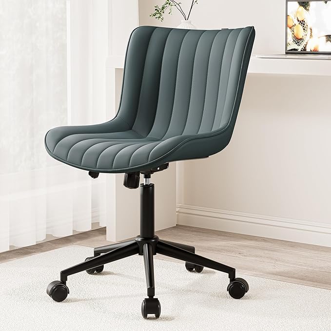 Kidol & Shellder Leather Home Office Desk Chair with Wheels Modern Cute Armless Executive Swivel Vanity Chair with Comfy Back Ergonomic Rolling Adjustable Computer Task Chair Small Greyish Green