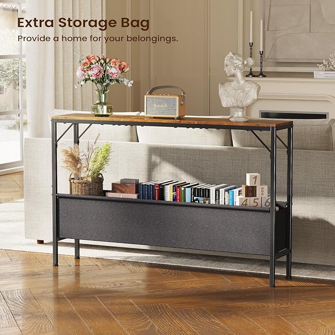 Narrow Console Table with Storage Basket, 47.2'' Behind The Couch Table, Skinny Sofa Table, Entryway Table, Small Console Table, Display Table for Hallway, Foyer, Living Room, Rustic Brown