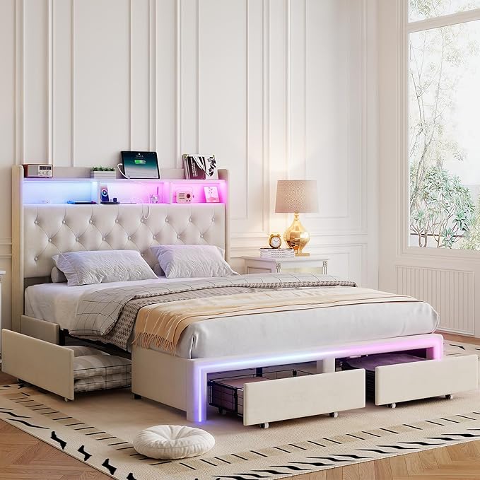 Full LED Bed Frame with Storage Headboard & Charging Station, Velvet Fabric Platform Bed Frames with 4 Drawers, Button Tufted Upholstered, No Box Spring Needed, Beige