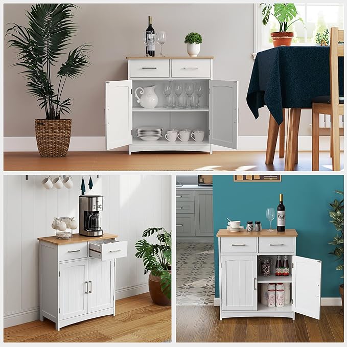 Buffet Cabinet with Storage, Coffee Bar Cabinet 26 x 30 Inches, Oak Top Sideboard Cabinet, Matte White Finish, Anti-Fall Drawers, Arched Doors, Adjustable Shelves