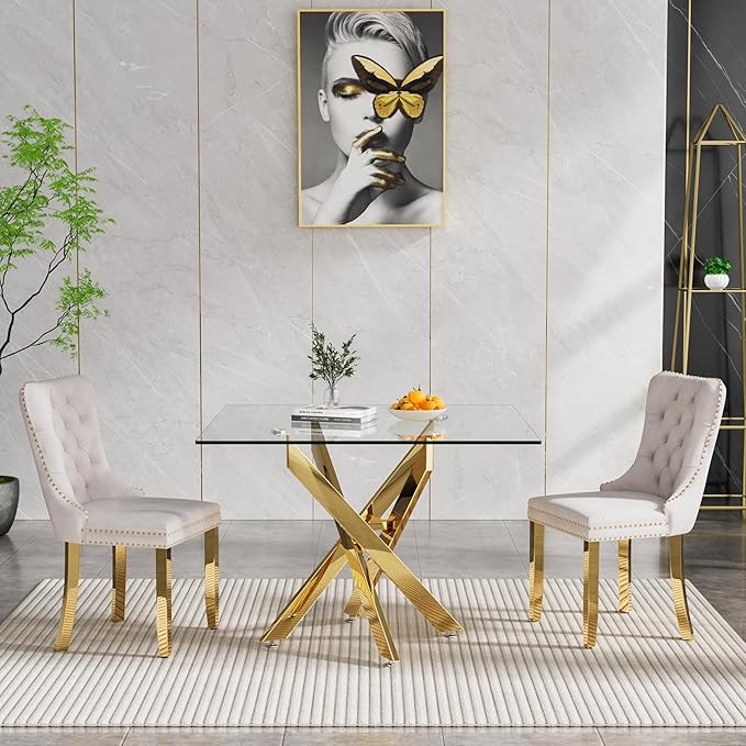 Henf 36'' Tempered Glass Dining Table for 2-4 People, Square Kitchen Table with Gold X-Base Metal Legs, Adjustable Feet, Glass Desk for Small Space, Gold Square Dining Room Table for 4