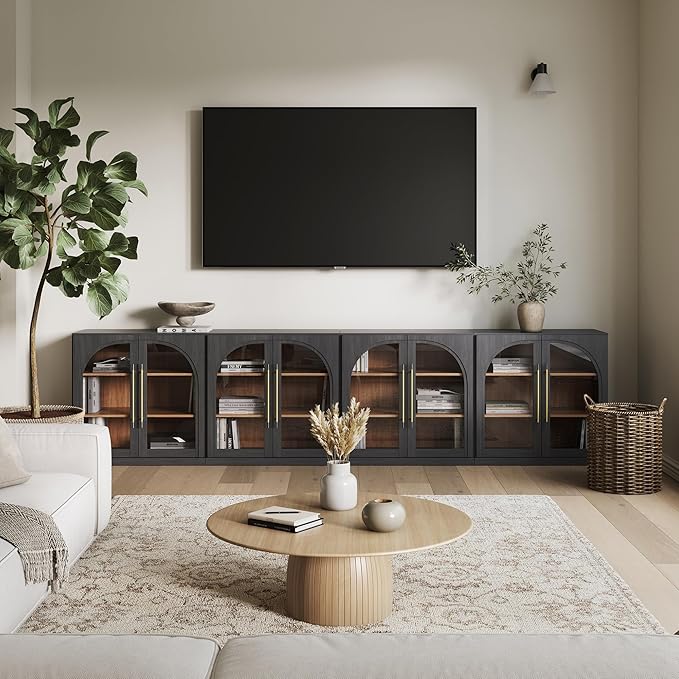 BELLEZE Set of 4 Modular Sideboard with Arched Glass Door, Accent Display Buffet Cabinet with Storage and Adjustable Shelves,Classic Modern Credenza for Dining Room Living Room Entryway (Ebony)