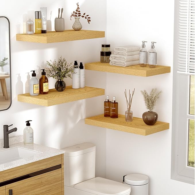 Vivelove 10" Deep Floating Shelves Over Toilet, 16" Wall Shelves for Bathroom Bedroom Kitchen Living Room Laundry Room, Modern Rustic Shelves for Home Decor, 16"x10.2"x1.5", Set of 2, Oak