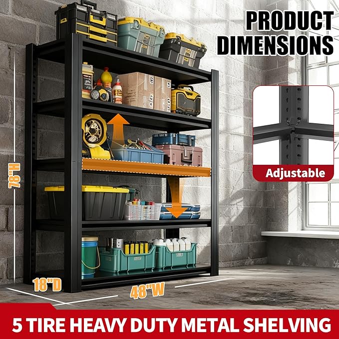 78" H Garage Shelving, Metal Storage Shelves, 3000LBS Heavy Duty Shelving, Adjustable 5 Tier Storage Rack, Industrial Utility Shelf for Garage, Warehouse, Kitchen,18" D×47.5" W×78" H, Black