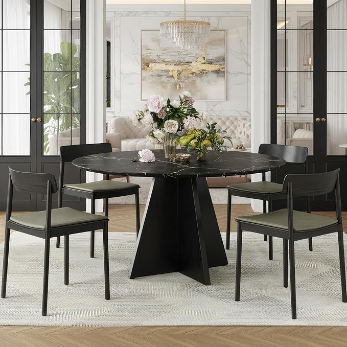 Farini 47" Round Dining Table for 4-6,Modern Kitchen Room Table with Wood Top & Sturdy Metal Base,Large Round Dinner Table for Dining Room,Black