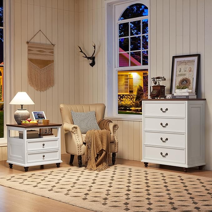 24" Wide Farmhouse Nightstand with Charging Station Set of 2,54" 7 Drawers Dresser, 37" Tall Rustic Chests of Drawers, Farmhouse Furniture Series for Bedroom,White