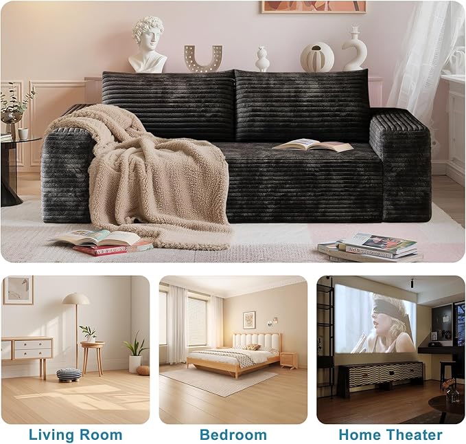 Saiveina 63" Corduroy Loveseat Sofa, Deep Seat Comfy Couch with Backrest and Armrests, No Assembly Required, 2 Seater Couch for Living Room Bedroom Apartment, Black