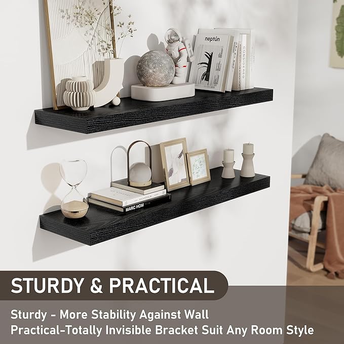 Fun Memories 36 Inch Floating Shelves, Wall Shelves Set of 2 for Bathroom/Living Room/Bedroom/Kitchen, Black Floating Shelf for Wall Decor with Invisible Brackets