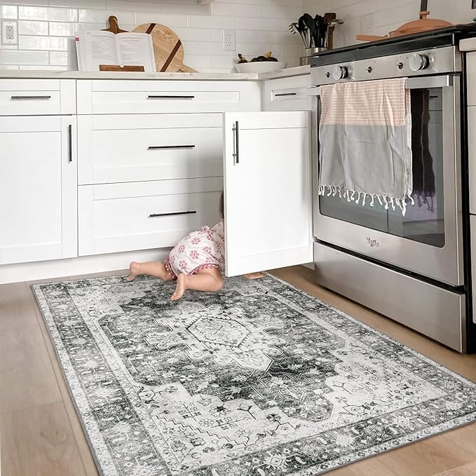 Moynesa Ultra-Thin Washable Area Rug - 3x5 Gray Entryway Rug Stain Resistance Kitchen Mat, Non Slip Non Shedding Pet Friendly Vintage Bathroom Carpet for Indoor Bedroom Living Laundry Room