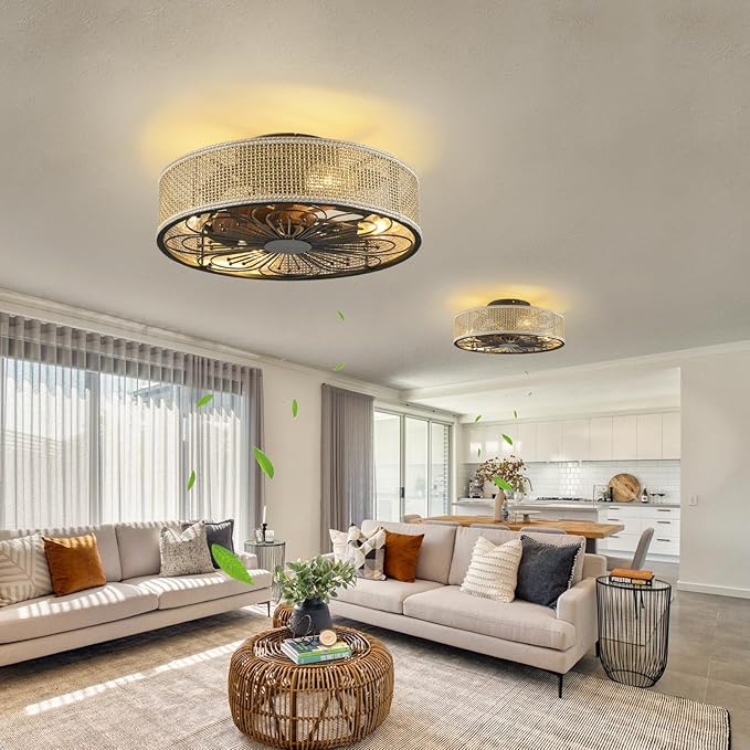 Modern Boho Rattan Flush Mount Ceiling Fans with Lights and Remote Control Low Profile Bladeless Ceiling Fan Timer and 6-Speed Reversible Motor for Bedroom, Kitchen, Dining Room Include Bulbs