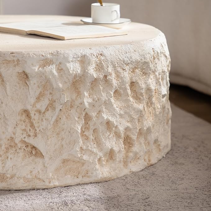 31.49" MgO Round Centre Coffee Table Vintage Faux Stone Sofa Pre-Modern Coffee Tables for Living Room Office Apartment,Amber