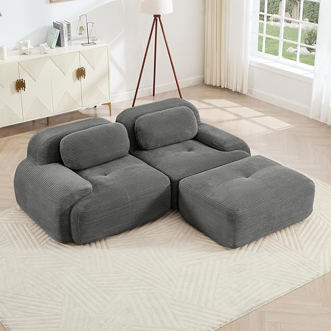80" Modern Corduroy Boneless Love Seat Couches with 1 Ottoman, 2 Seater Large Sectional Couches for Living Room, Gray Cloud Modular Sectional Sofa, Memory Foam, Extra Deep Loveseat, No Assembly