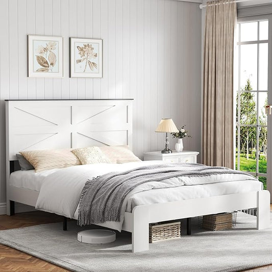 Wooden Bed Frame Queen Size with Headboard, Farmhouse Platform Bedframe with Wood Slat Support, Sturdy Framework Bed Frame, Easy Assembly (Rustic White)