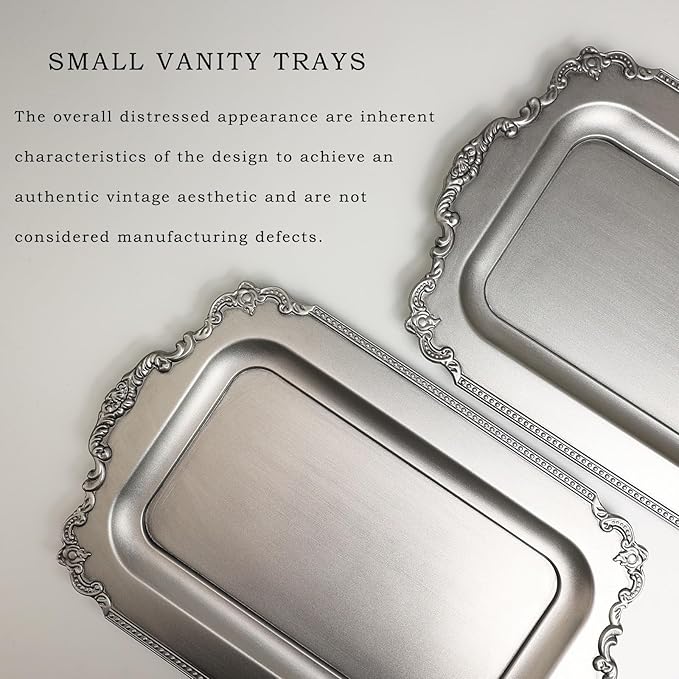 Set of 2 Matte Silver-Effect Plastic Decorative Trays for Coffee Table- Vintage Style (Actual Available Size: 10.5" L x 5.9" W)