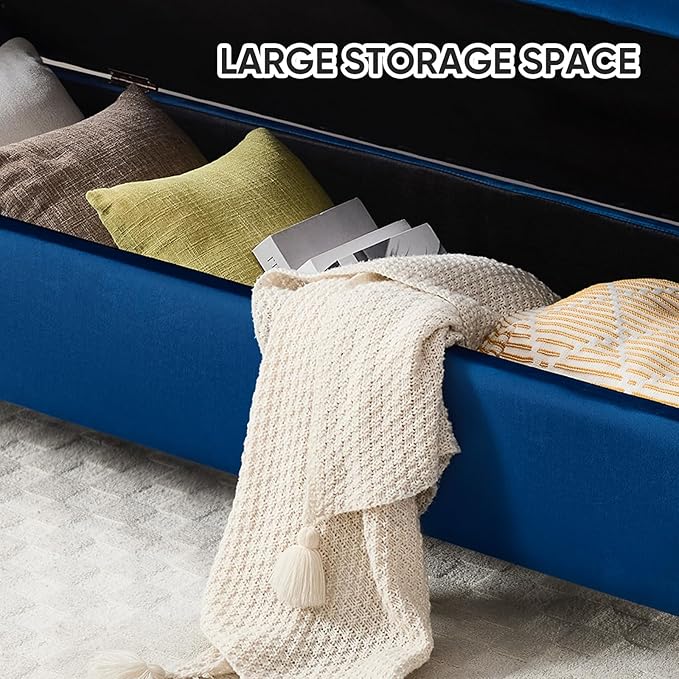 65" Storage Ottoman Bench, End of Bed Storage Bench King Size with Tufted Button Upholstered and Gold Legs, Bedroom Benches with Armrests for Living Room Window and Entryway, Navy Blue