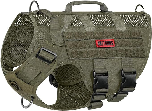 OneTigris No Pull Tactical Dog Mesh Harness for Medium Dogs, Aire Mesh Breathable Military Dog Molle Vests with Handles, Service Dog Vest Harness for Walking Hiking Training Green