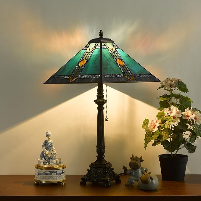 Tiffany Table Lamps Blue Stained Glass Striped Checkered Style Mission Desk Lamp 12X12X24 Inch Bronze Resin Base