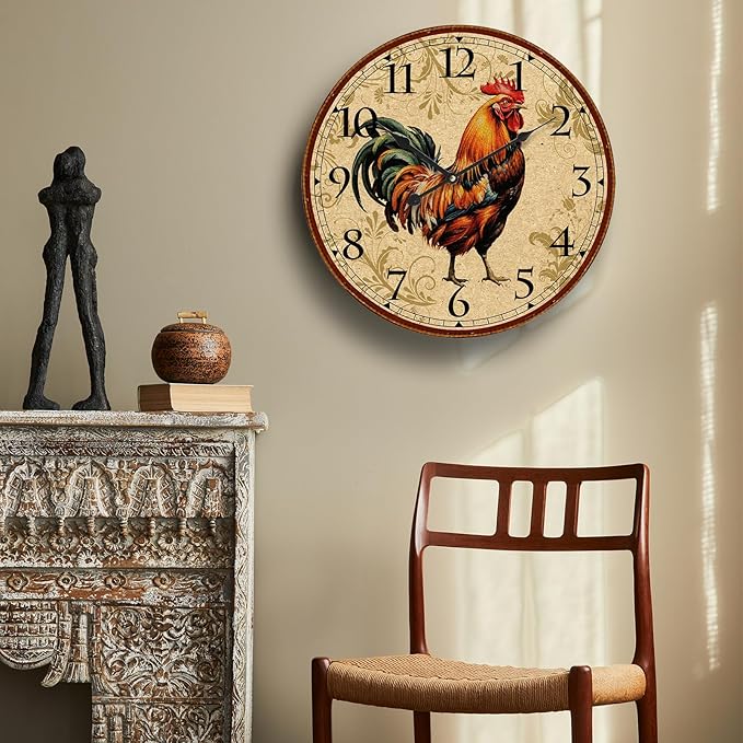 24 inch Rooster Retro Wall Clock Silent NonTicking Easy to Read Clock, Large Battery Operated Decorative Wall Clocks for Kitchen Living Room Bedroom Farmhouse Decoration