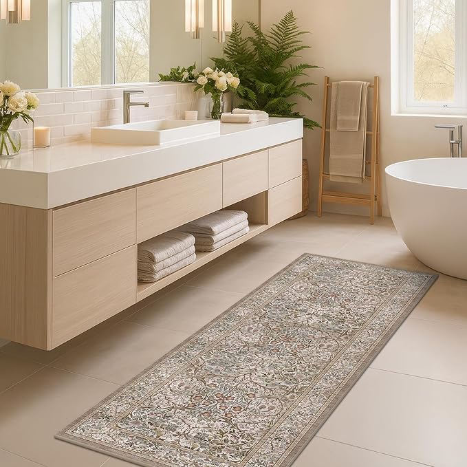 Non Slip 2x5 Moss Green Bathroom Runner Rug - Small Runner Rugs, Washable Kitchen Floor Mat, Bedroom, Laundry Room, Hallway Runner - Vintage Oriental Taupe Dark Décor