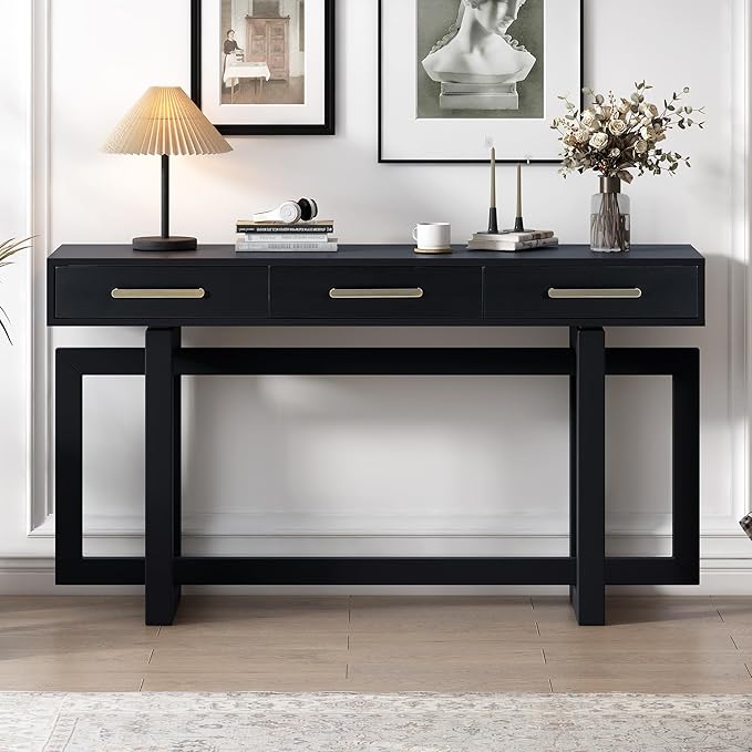 Knocbel Long Console Table with 3 Drawers and Handle, Elegant Entryway Sofa Table End Table with Cross Sled Base for Living Room Foyer, Corridor 15.7" D x 57" W x 30.6" H Black