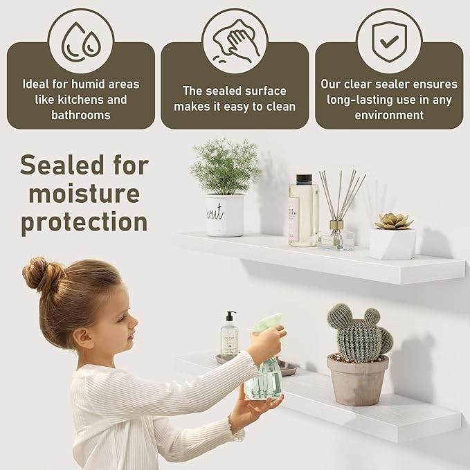 Fun Memories White Floating Shelves Wall Shelf 24 Inch Long, Rustic Bathroom Shelves, Wall Mounted Wood Floating Shelf for Kitchen, Living Room, Bedroom, 24 x 6.7 x 1.4 inch Set of 3