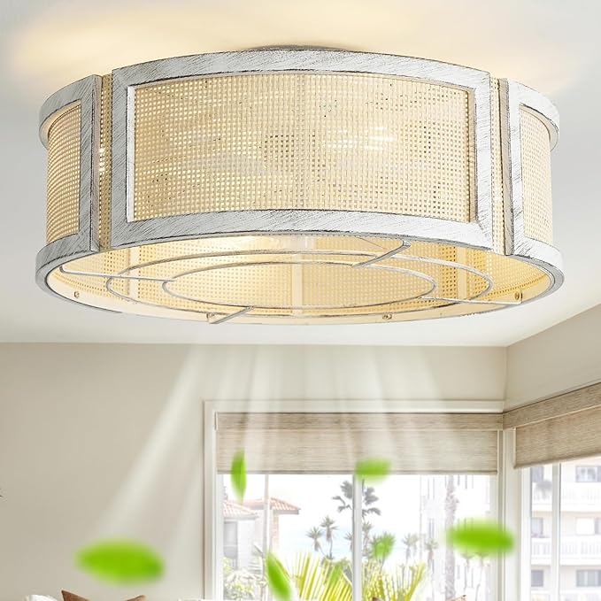 20" Boho Ceiling Fans with Lights, Rattan Flush Mount Ceiling Fan with Light Remote Control with Caged 6 Speeds for Bedroom, Nursery, Living Room (White)