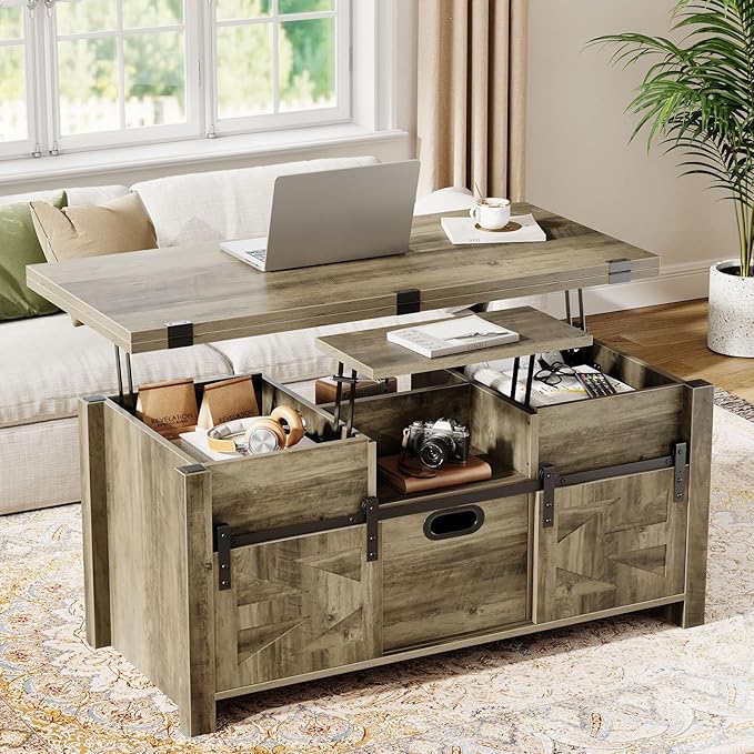 40" Farmhouse Lift Top Coffee Table with Sliding Barn Door,4 in 1 Multi-Function Coffee Tables with Storage Drawers & Hidden Compartment,Converts to Dining Table for Living Room,Grey