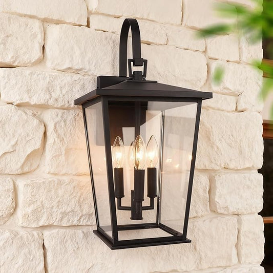 Kalium Modern Outdoor Wall Sconce Fixture 20 1/2", Matte Black, 3-Light Exterior Wall Mount Lighting with Clear Glass Panels for House Porch Patio Outside Deck Garage Yard Front Door Garden Home