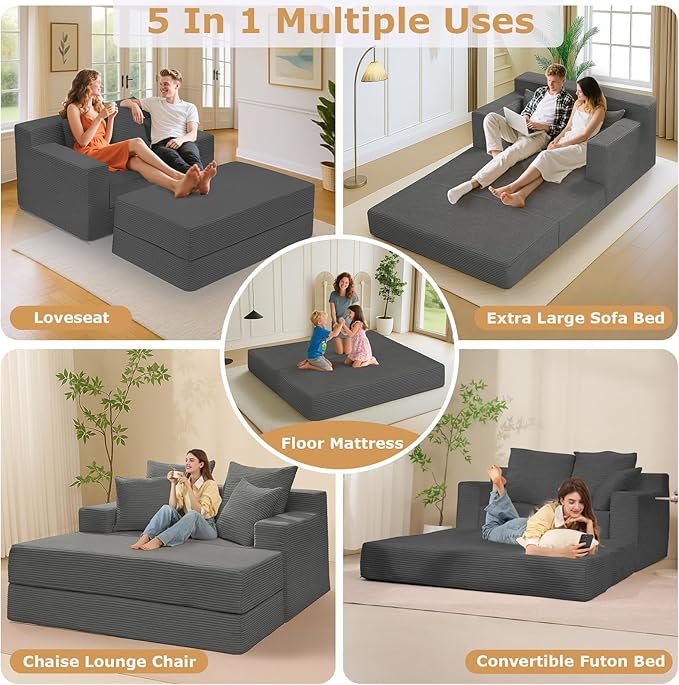 Convertible Futon Sofa Bed with Ottoman, 5 in 1 Folding Couch Bed Loveseat Sleeper, Corduroy Boneless Couch with Deep Seat for Living Room Chaise Lounge Chair Indoor, No Assembly Required, Grey