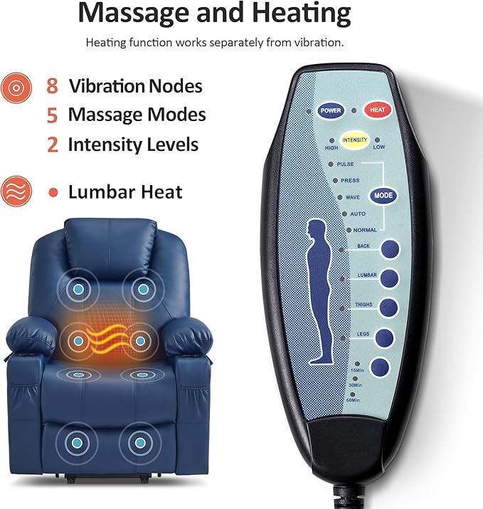 MCombo Electric Power Lift Recliner Chair Sofa with Massage and Heat for Elderly, 3 Positions, 2 Side Pockets, and Cup Holders, USB Ports, Faux Leather 7040 (Blue, Medium)