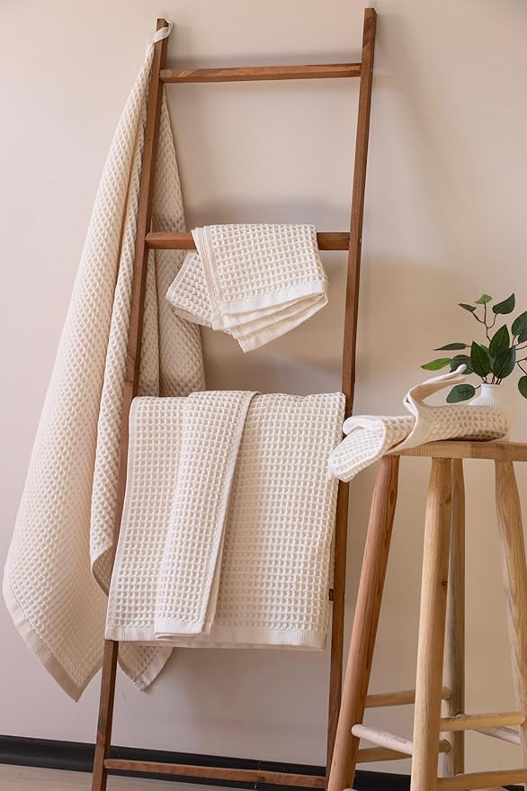 Püskül - Luxury Waffle Towel Set for Bathroom 4 Pieces Natural Raw, Premium Quality Organic 100% Turkish Cotton 2 Hand and 2 Bath Towels, Quick Dry Thin Waffle Towels, Made in Turkiye (Natural Beige)